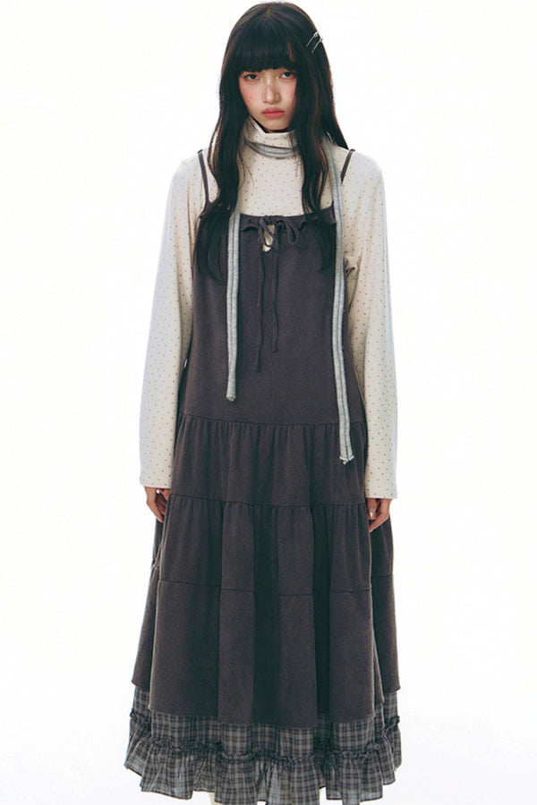 Patchwork Plaid Shirred Japanese Lace-Up Long Dress