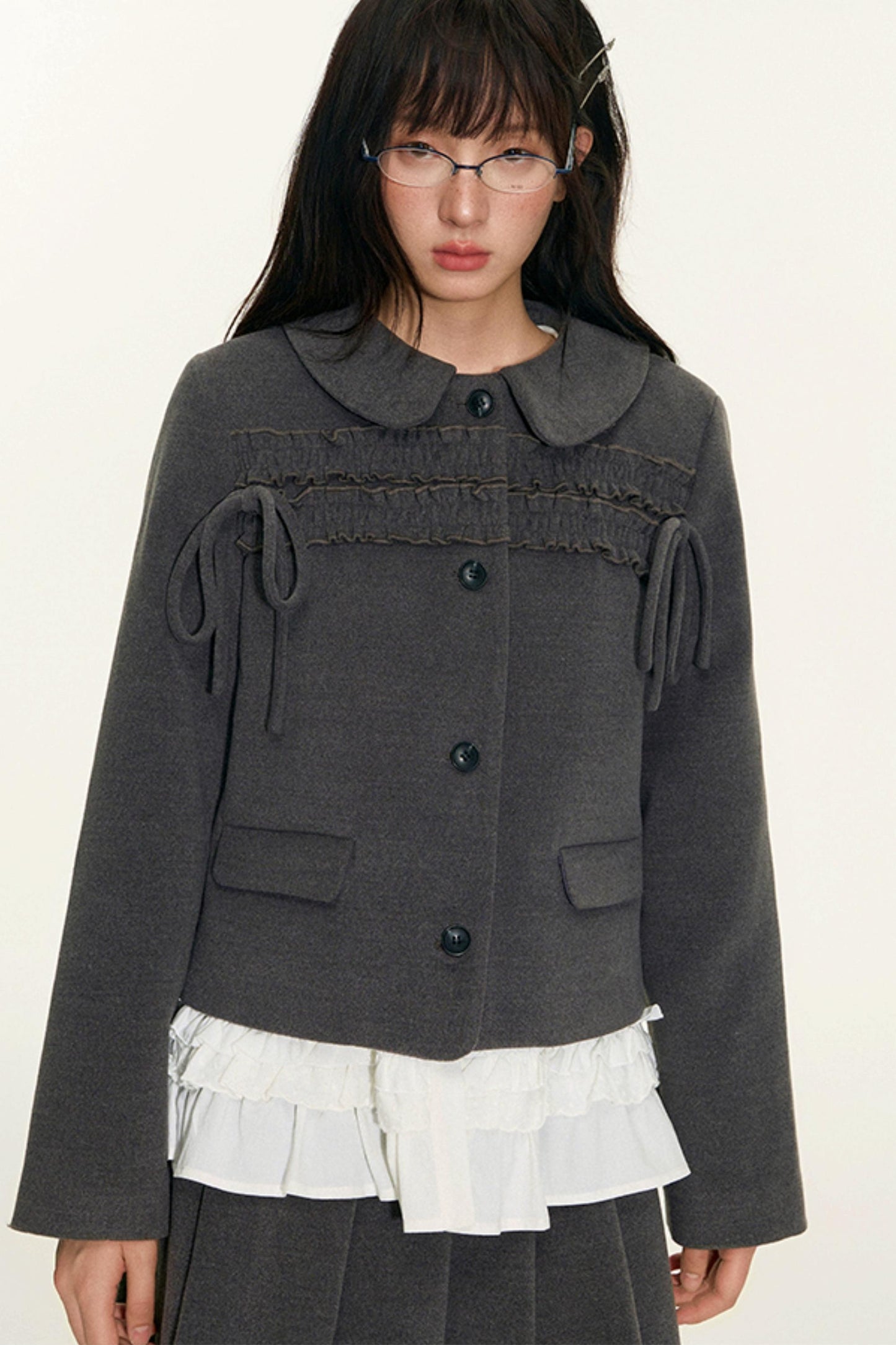 College Ruffle Woolen Suit Skirt Set-Up