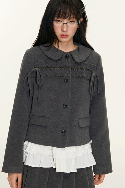 College Ruffle Woolen Suit Skirt Set-Up
