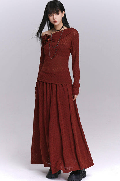 Autumn Red Shoulder Skirt Set-Up
