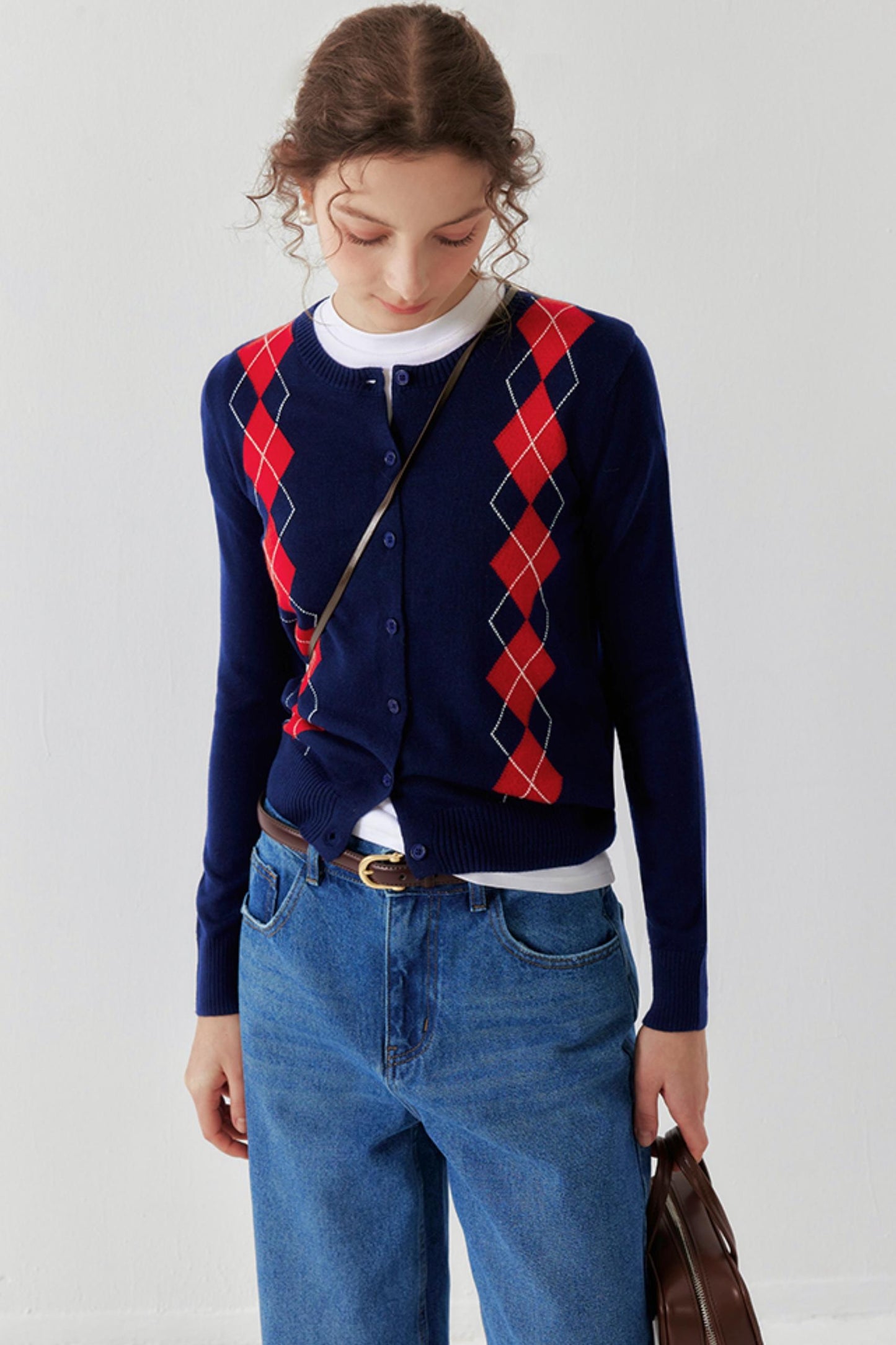 Navy Retro Check Wool Knit Cardigan