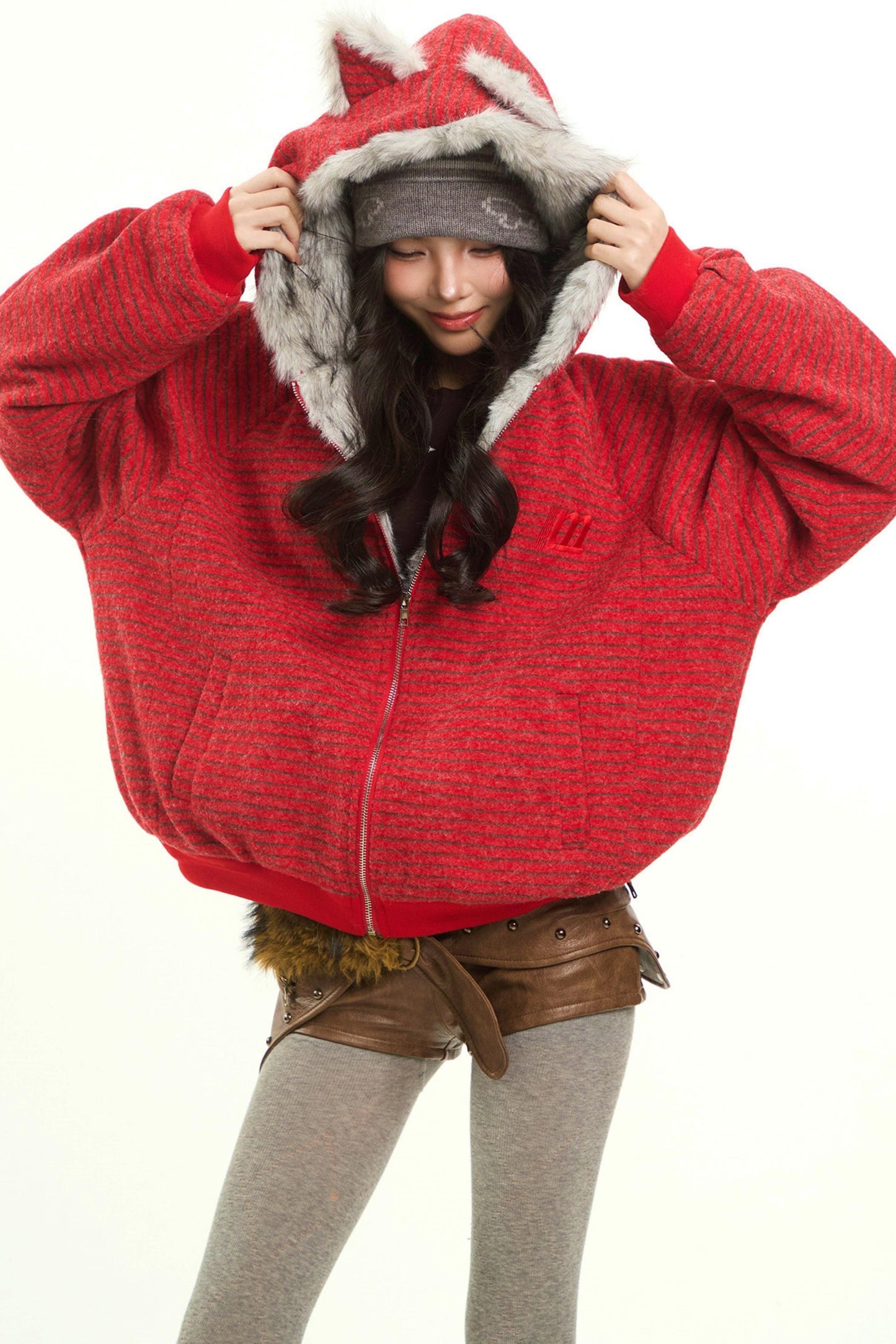 Red Hooded Fur Collar Jacket