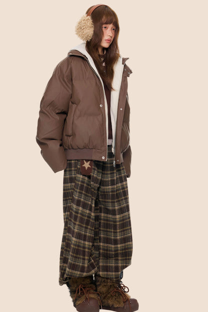 Color-Blocked Leather Hooded Jacket