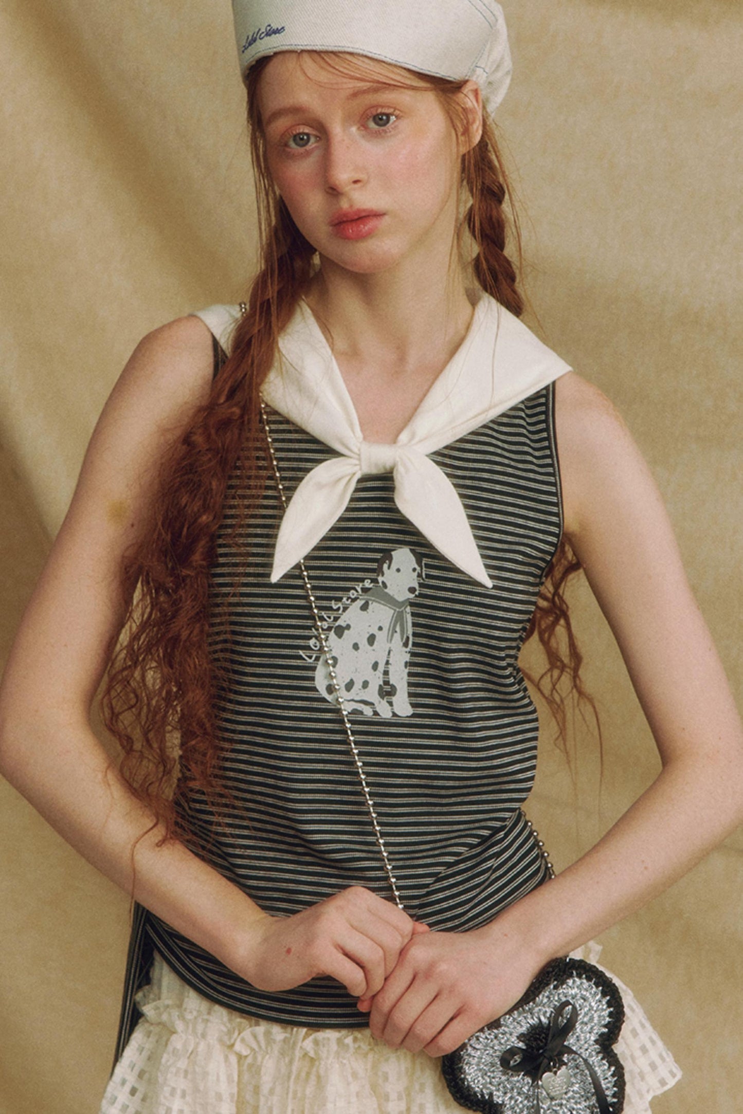 Puppy Print Bow-Striped Navy Tank Top