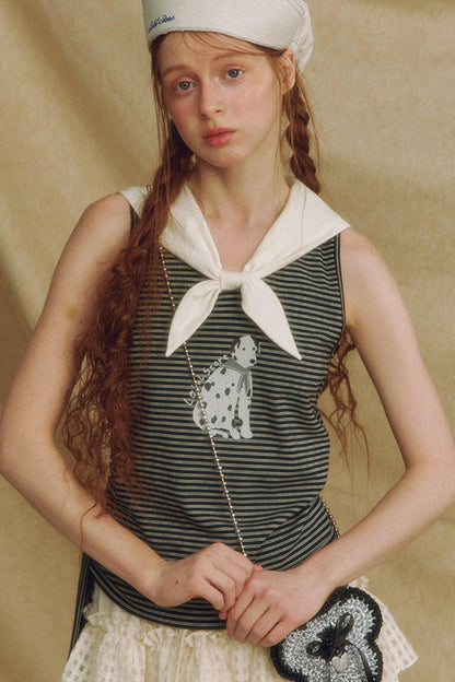 Puppy Print Bow-Striped Navy Tank Top