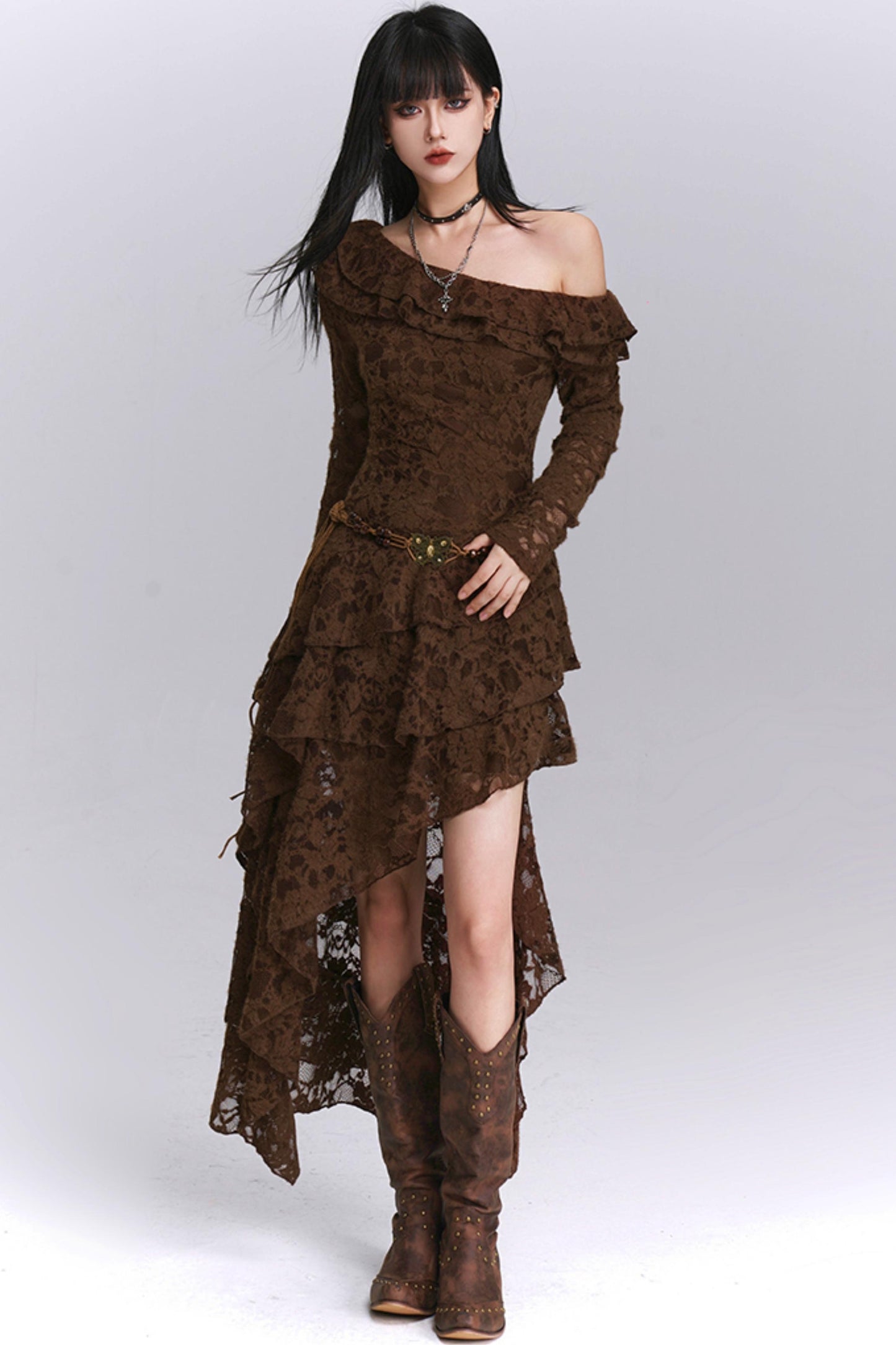 Irregular Brown Lace Off-Shoulder Dress