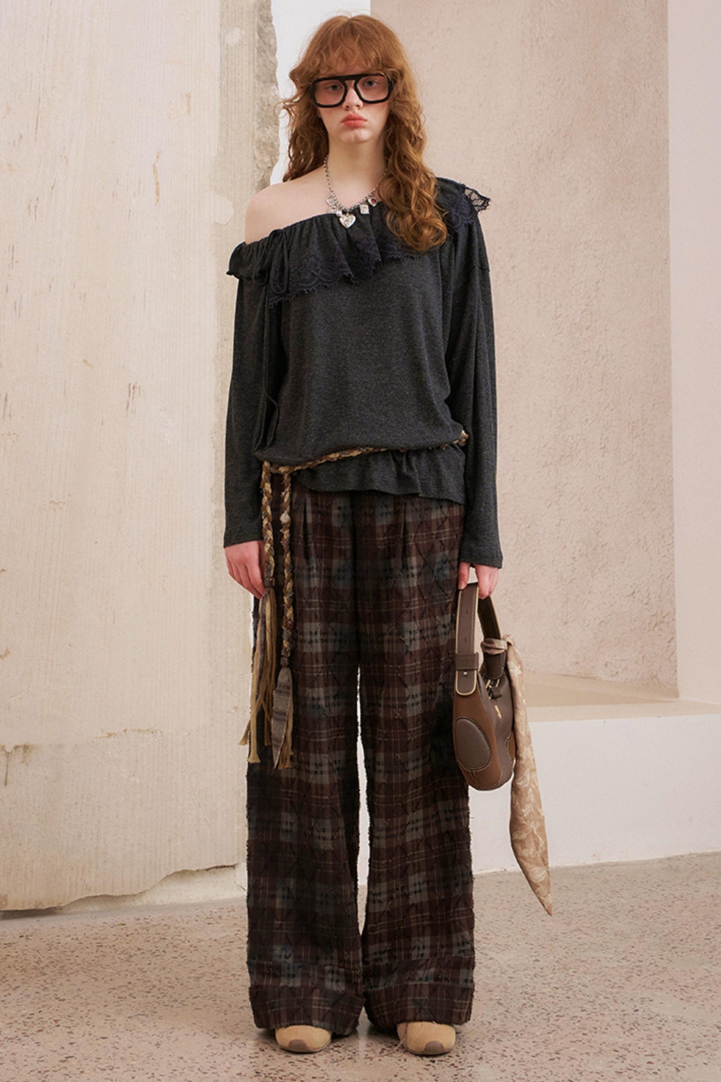 Textured Plaid Boho Slacks