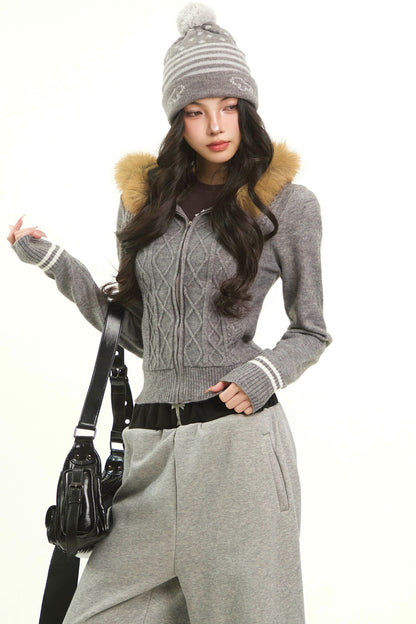 Retro Red Fur Hooded Cardigan