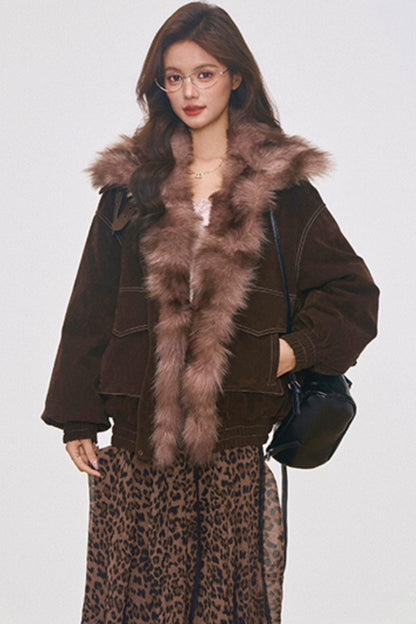 Brown Suede Fur Jacket and Leopard Skirt Set-Up