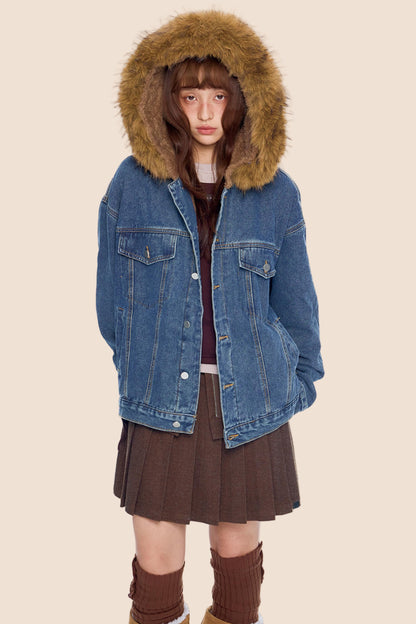 Fur Collar Hooded Denim Jacket