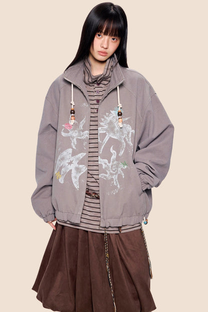 Patterned Retro Stand-Up Collar Jacket