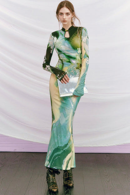 Golden Pearl Impressionist Cheongsam Dress