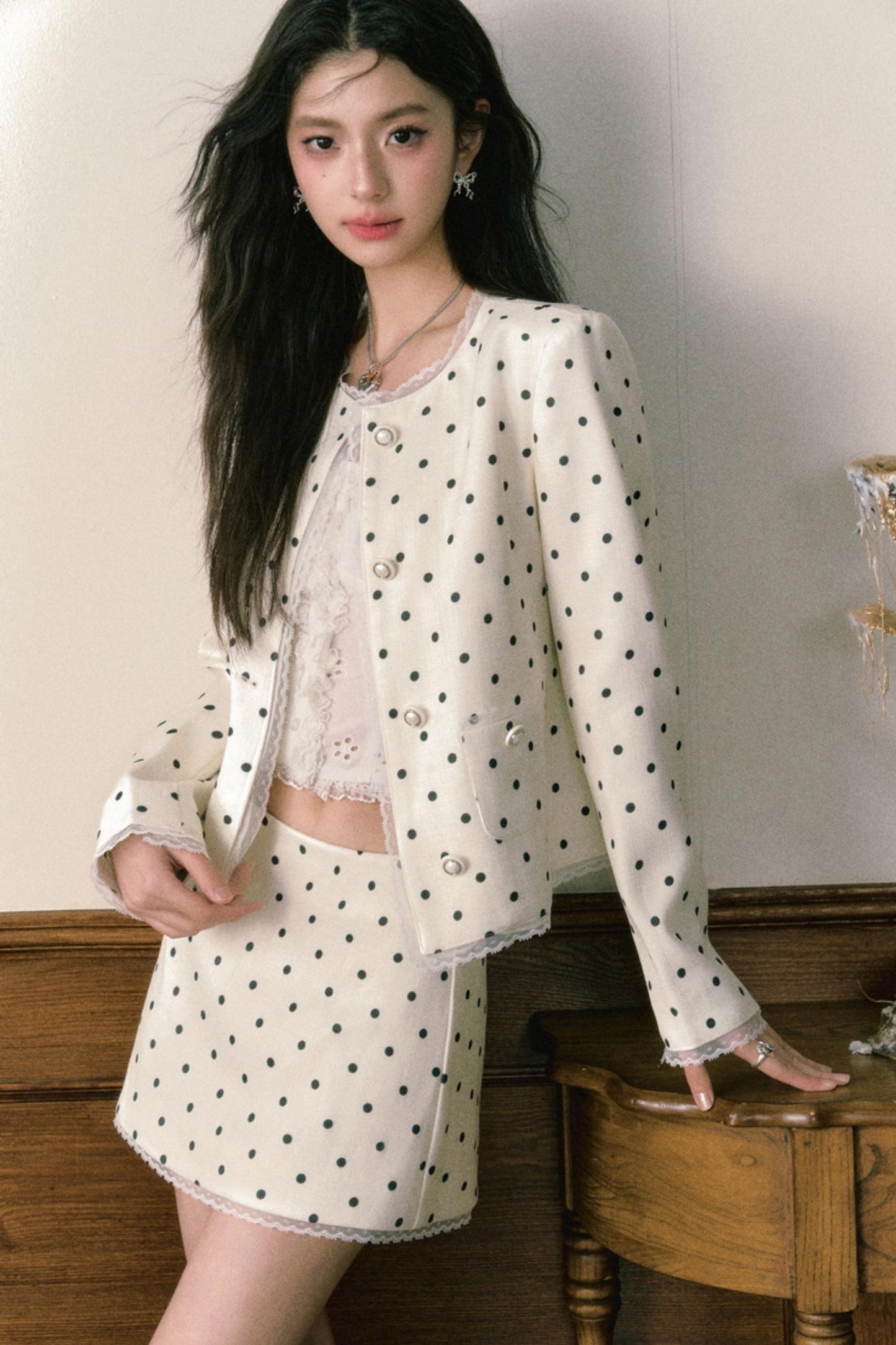 Beige Polka Dot Lace Ensemble Cardigan Set-Up