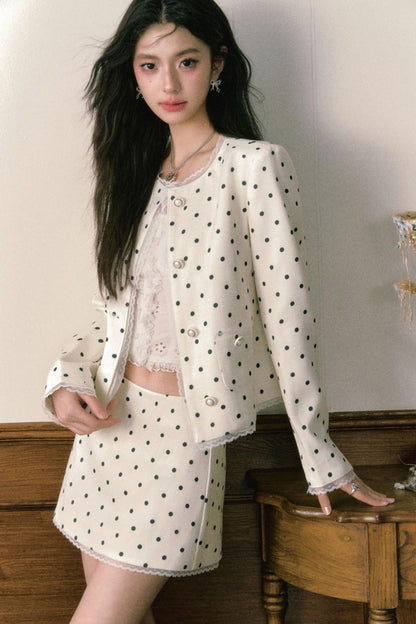 Beige Polka Dot Lace Ensemble Cardigan Set-Up