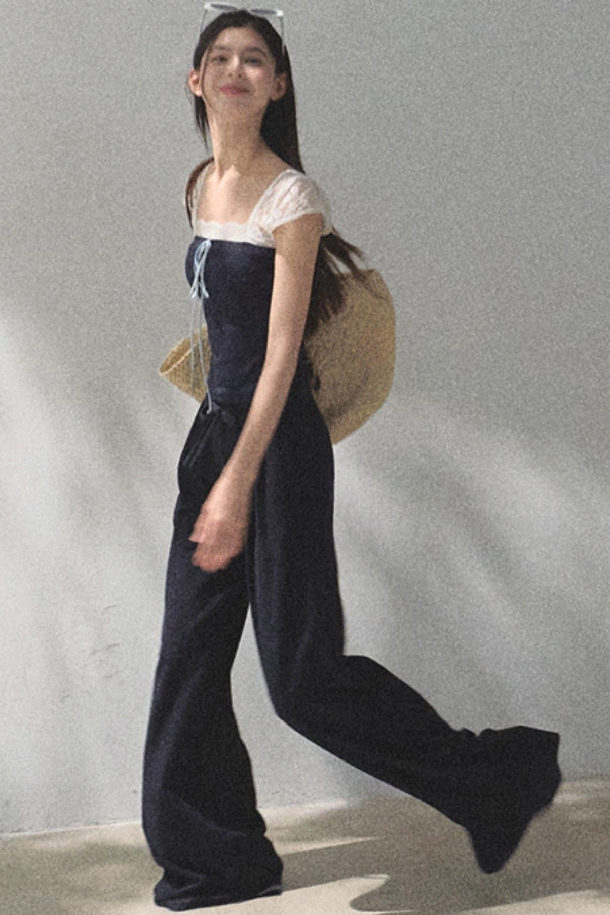 Lace-Up Top & Wide Leg Pants Set-Up