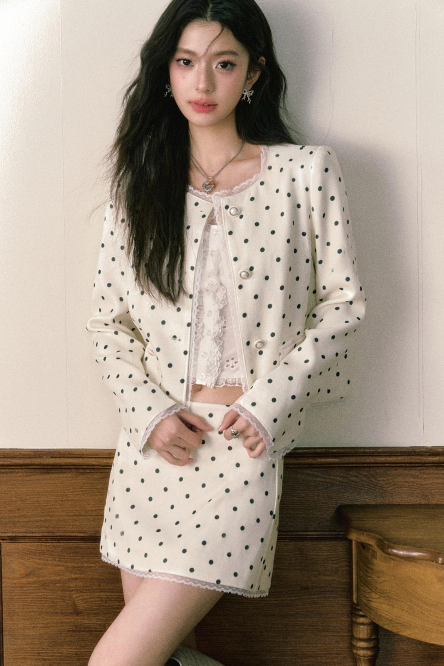 Beige Polka Dot Lace Ensemble Cardigan Set-Up
