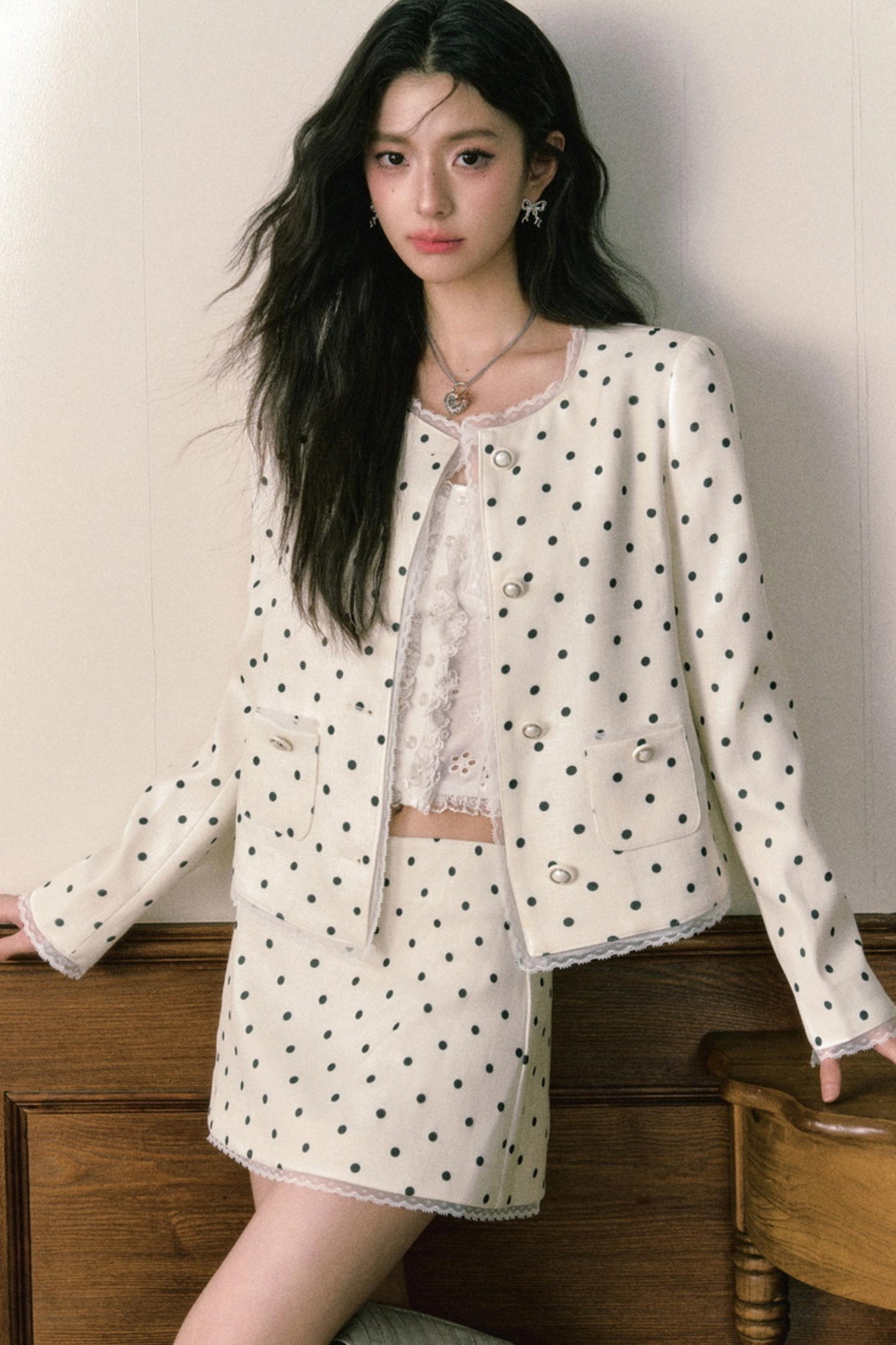 Beige Polka Dot Lace Ensemble Cardigan Set-Up