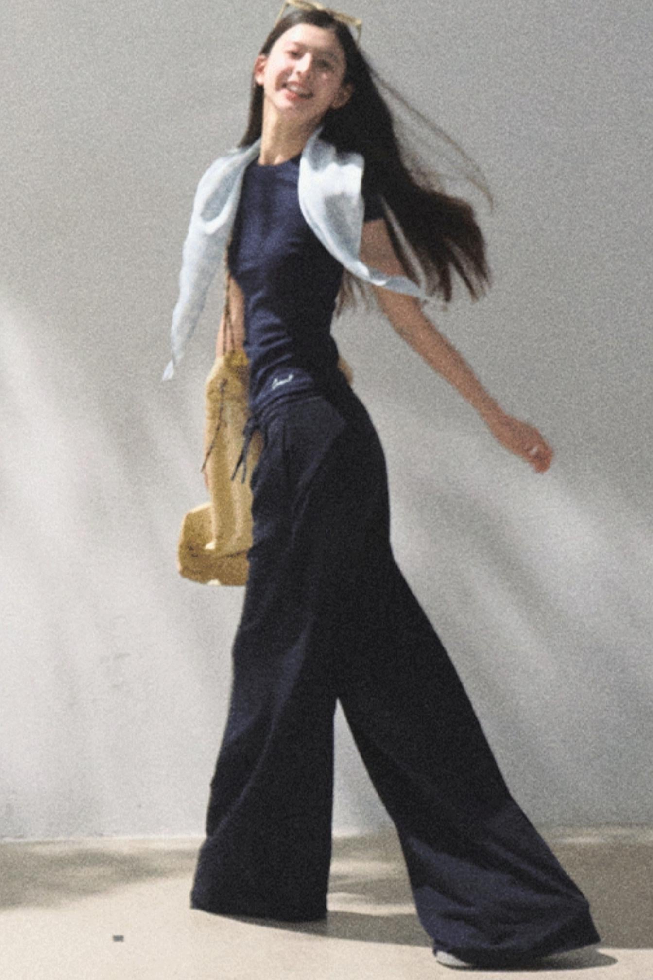 Lace-Up Top & Wide Leg Pants Set-Up