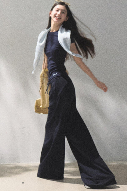 Lace-Up Top & Wide Leg Pants Set-Up