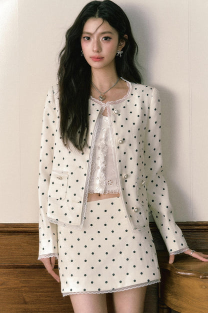 Beige Polka Dot Lace Ensemble Cardigan Set-Up