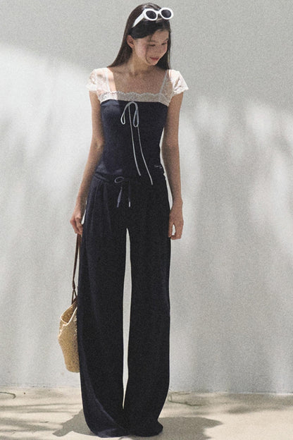 Lace-Up Top & Wide Leg Pants Set-Up