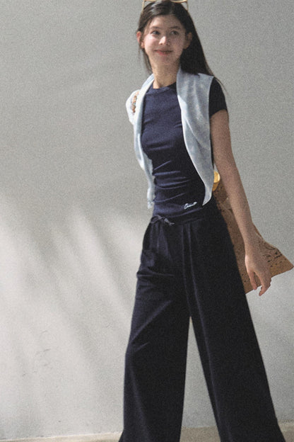 Lace-Up Top & Wide Leg Pants Set-Up