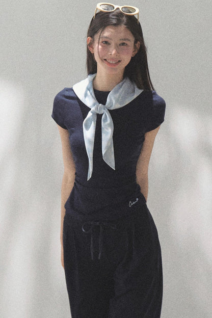 Lace-Up Top & Wide Leg Pants Set-Up