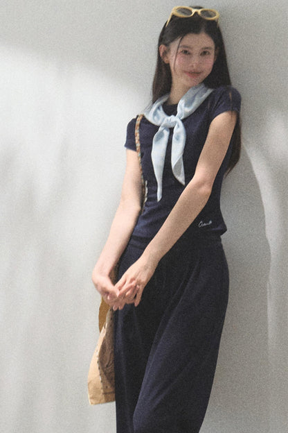 Lace-Up Top & Wide Leg Pants Set-Up