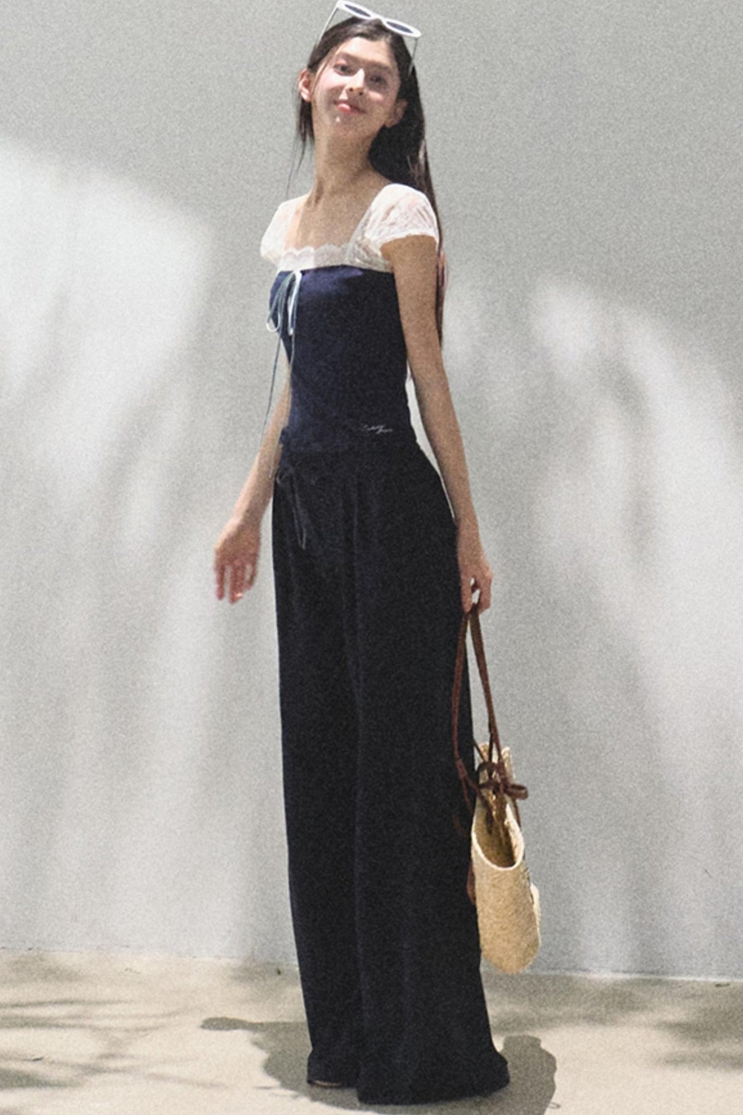 Lace-Up Top & Wide Leg Pants Set-Up