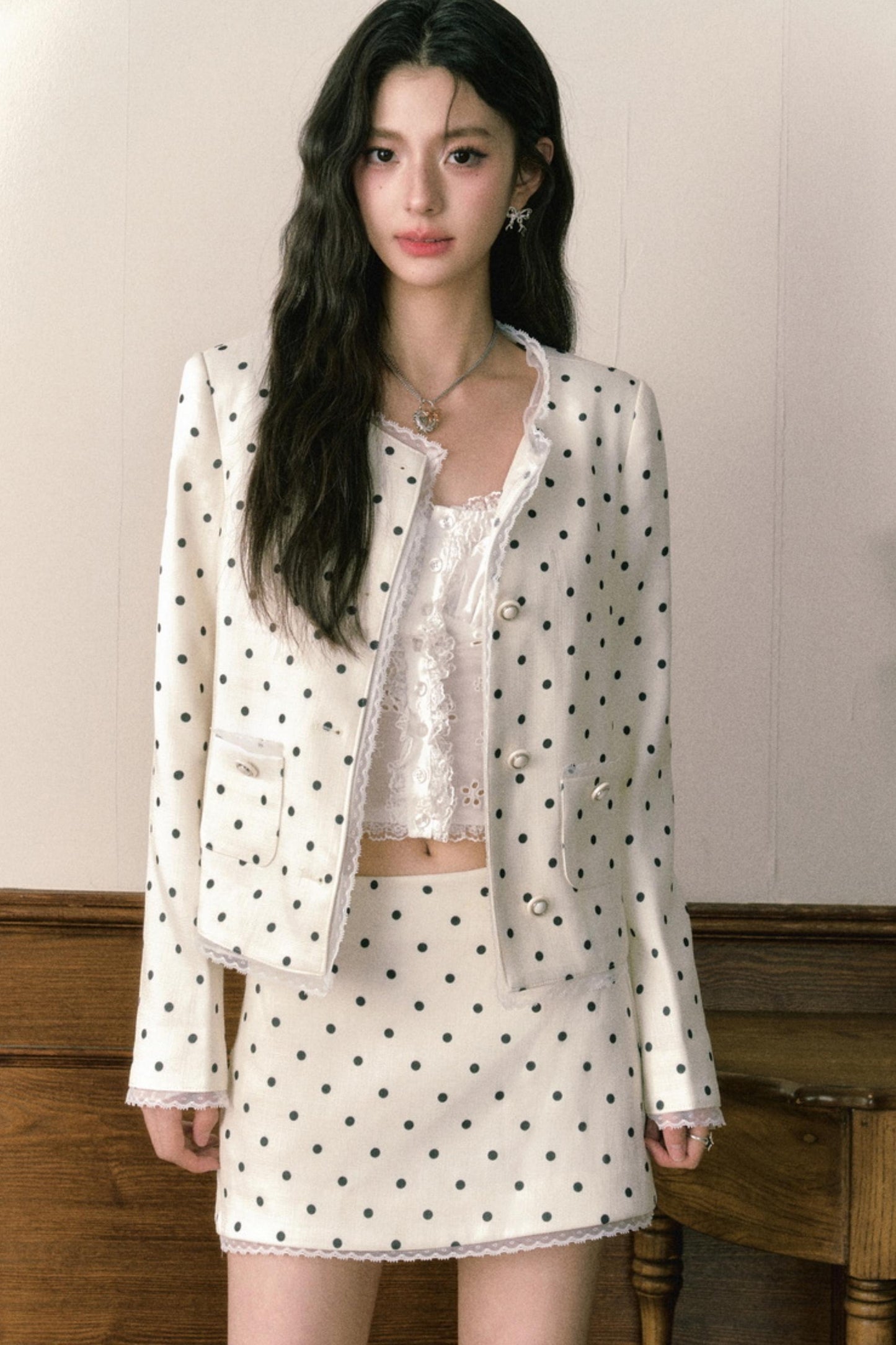 Beige Polka Dot Lace Ensemble Cardigan Set-Up