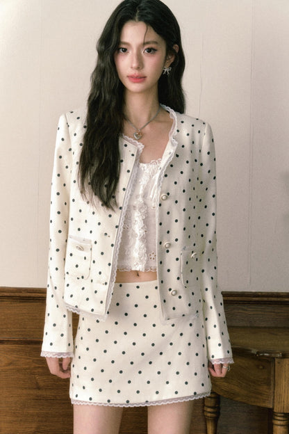 Beige Polka Dot Lace Ensemble Cardigan Set-Up