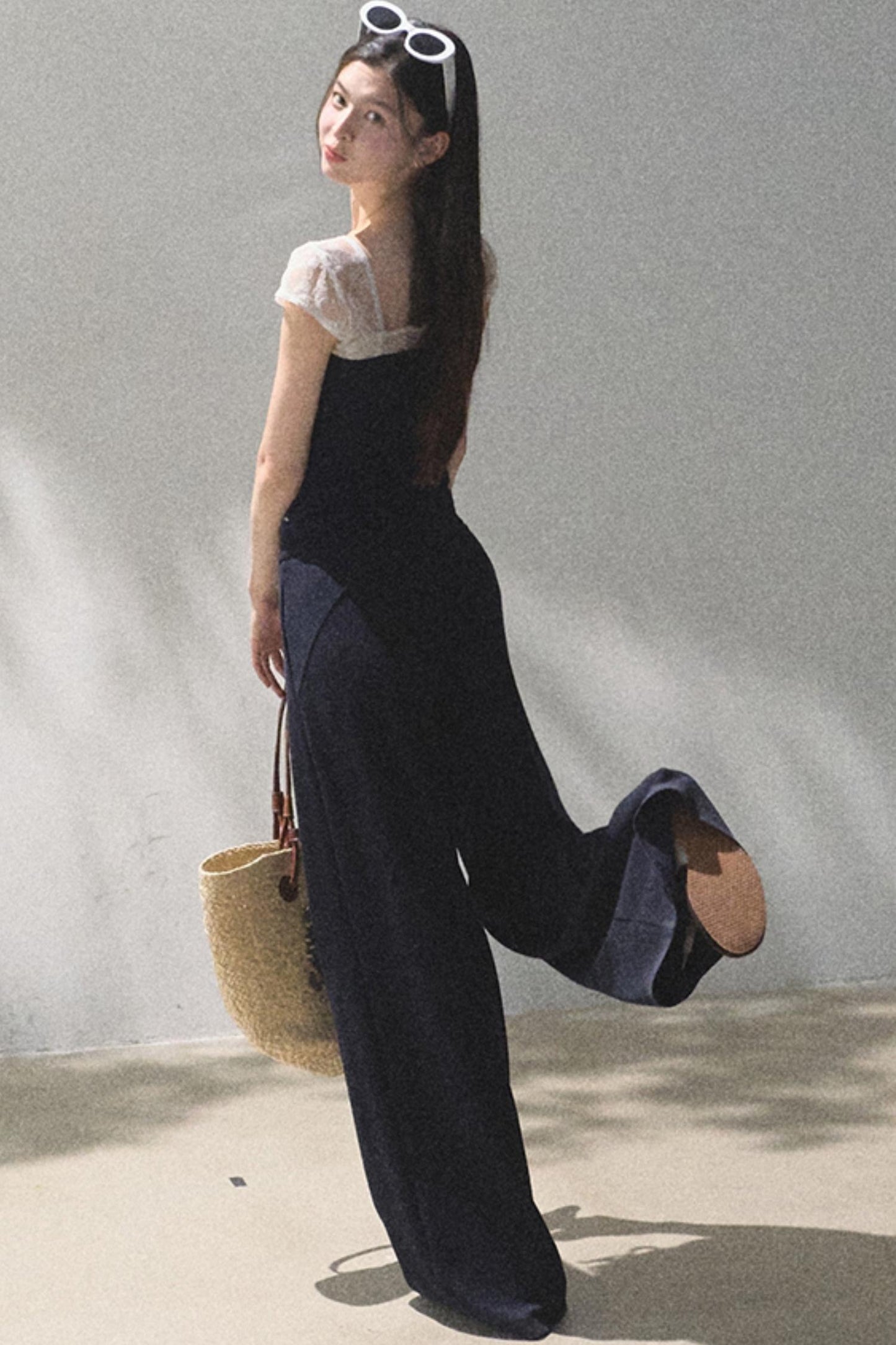 Lace-Up Top & Wide Leg Pants Set-Up