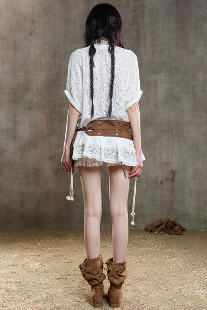 Earthy Orange Belt With Retro Lace Shirt Set-Up