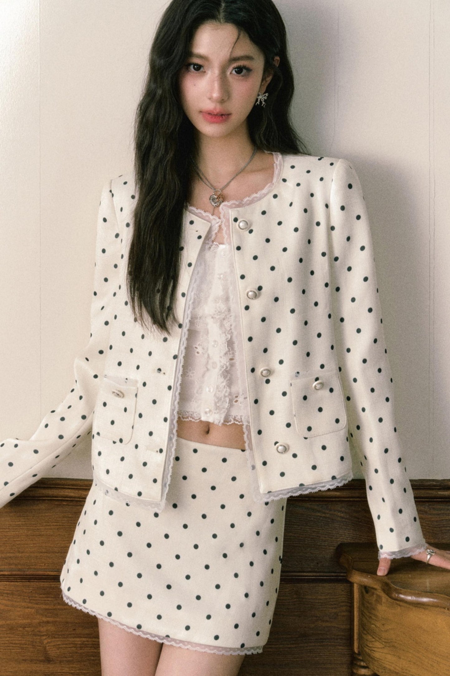 Beige Polka Dot Lace Ensemble Cardigan Set-Up