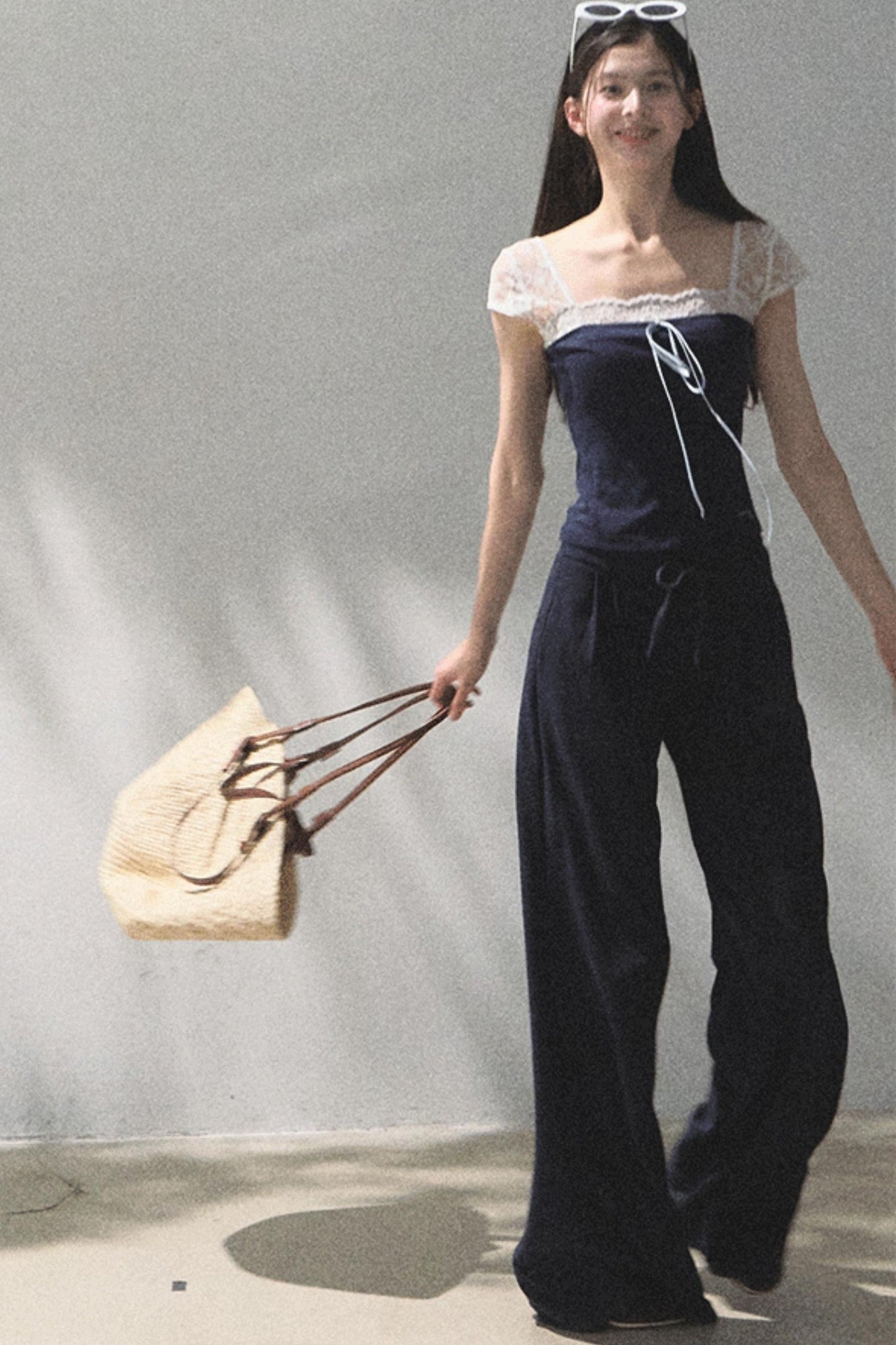 Lace-Up Top & Wide Leg Pants Set-Up