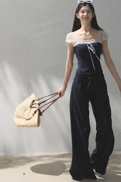 Lace-Up Top & Wide Leg Pants Set-Up