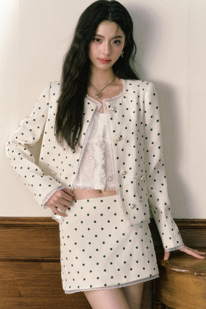 Beige Polka Dot Lace Ensemble Cardigan Set-Up