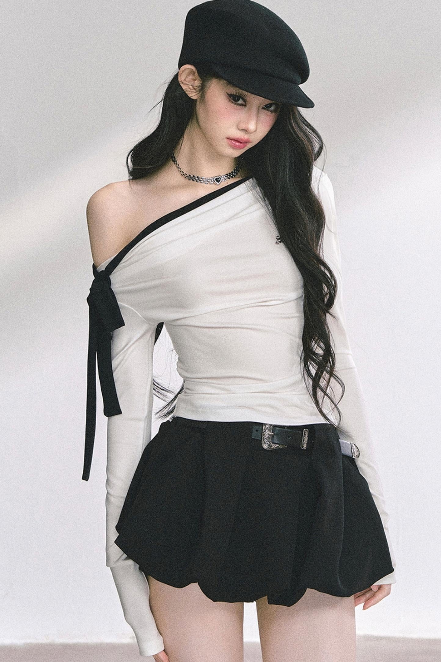 Swirl Waist Slimming Black Top