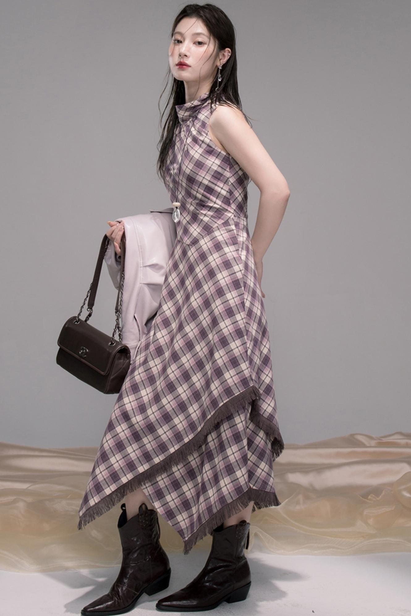 Dark Night Purple Plaid Fringe Dress