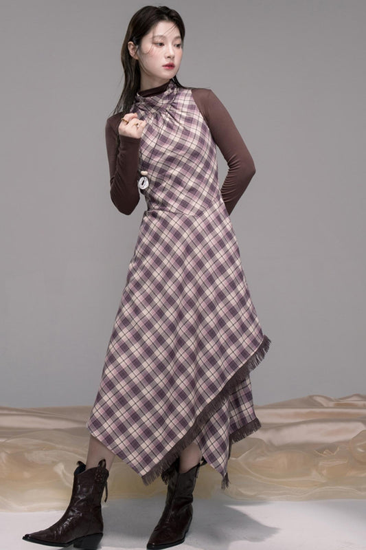 Dark Night Purple Plaid Fringe Dress