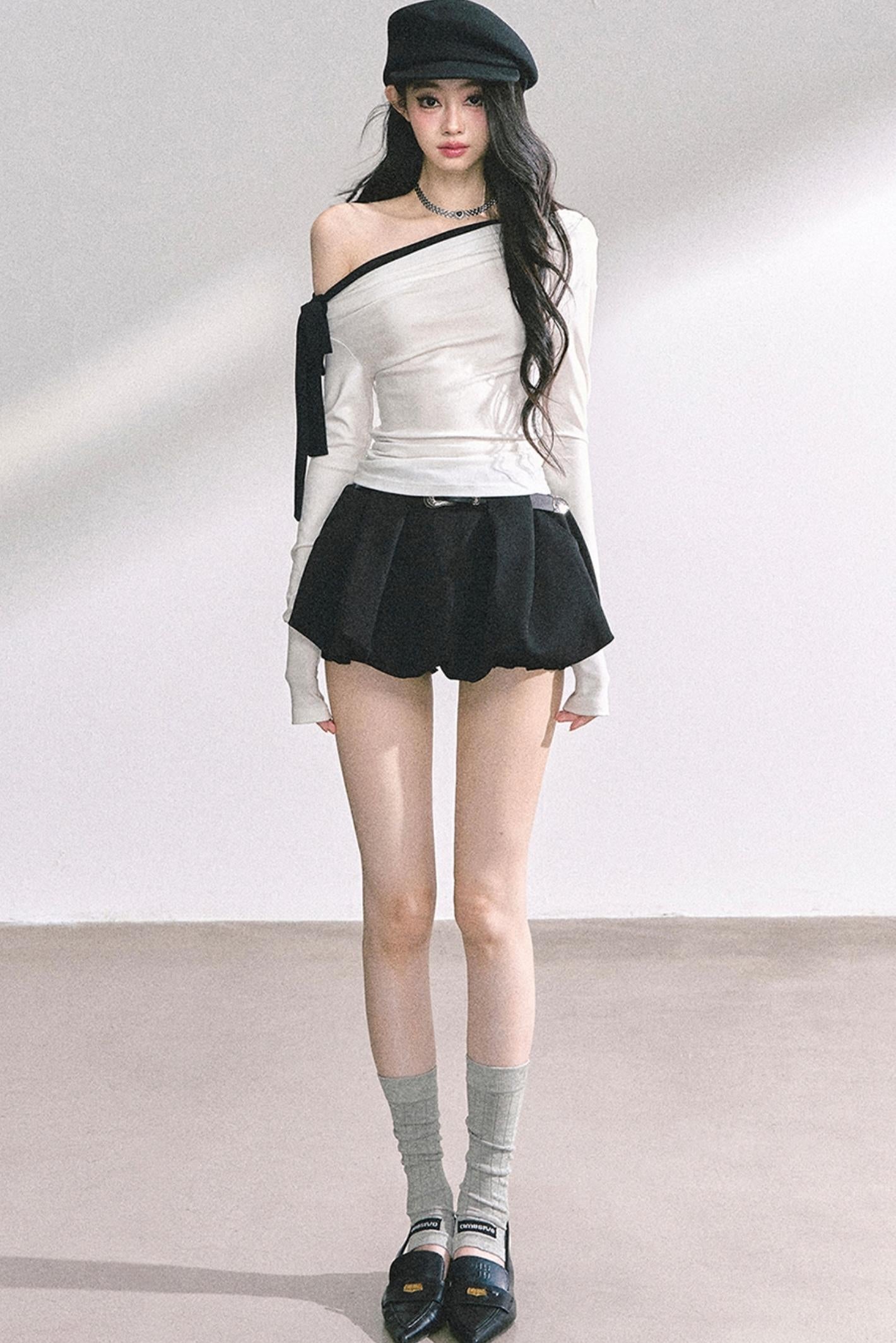 Swirl Waist Slimming Black Top