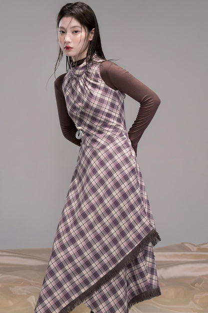 Dark Night Purple Plaid Fringe Dress