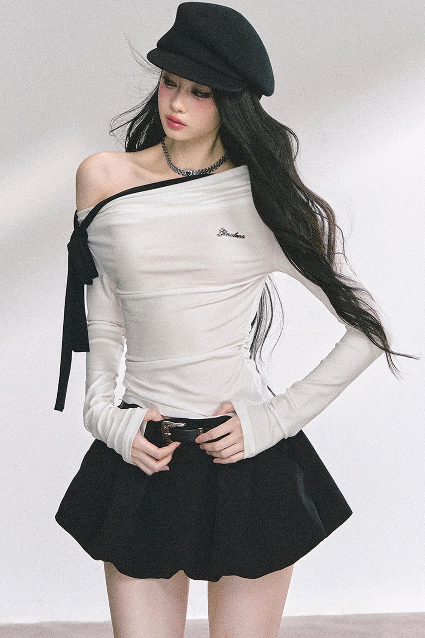 Swirl Waist Slimming Black Top