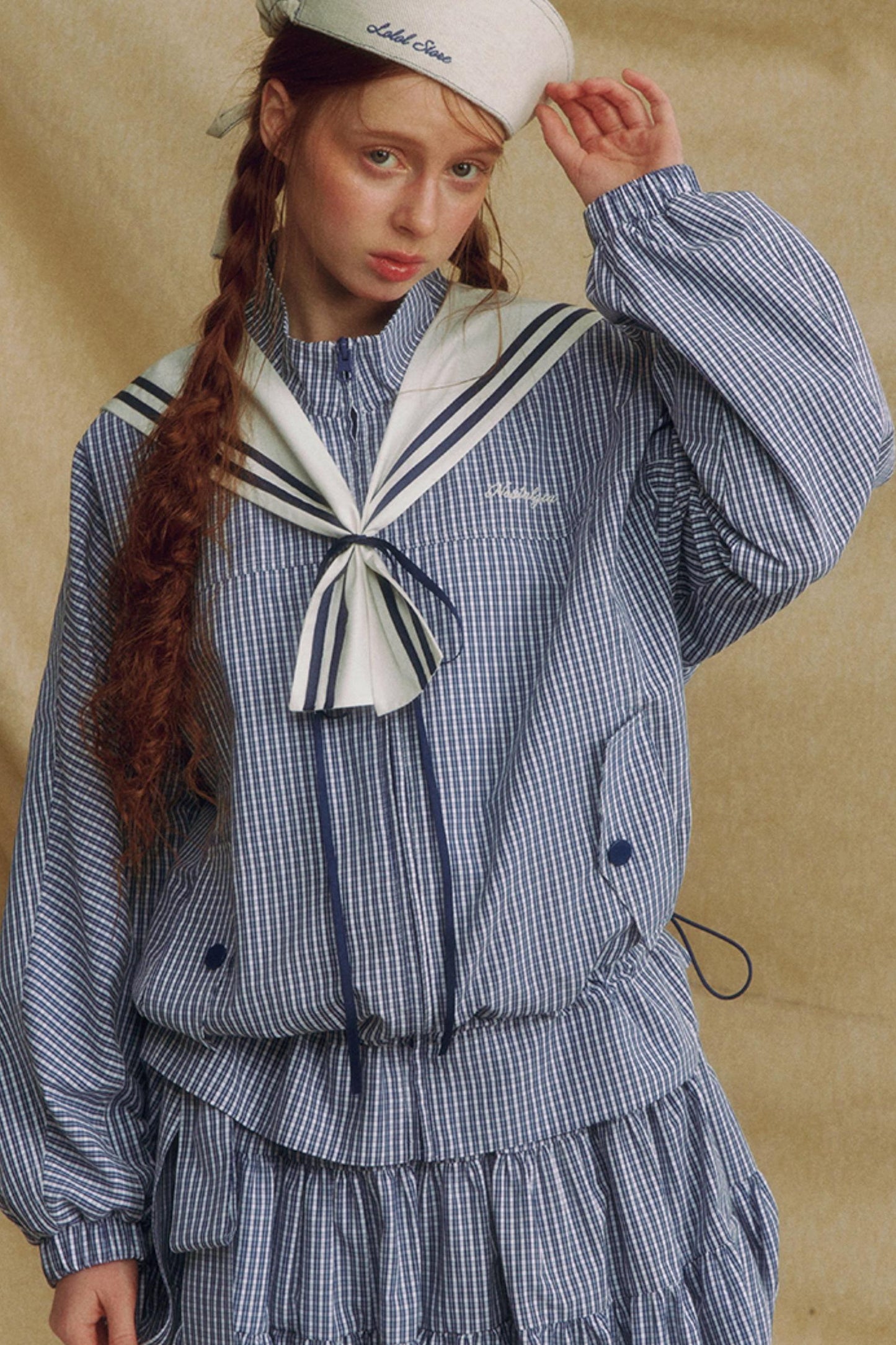Navy Collar Plaid Jacket Set-Up