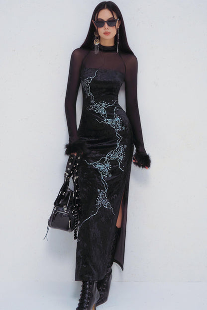 Butterfly Rhinestone Velvet Dress