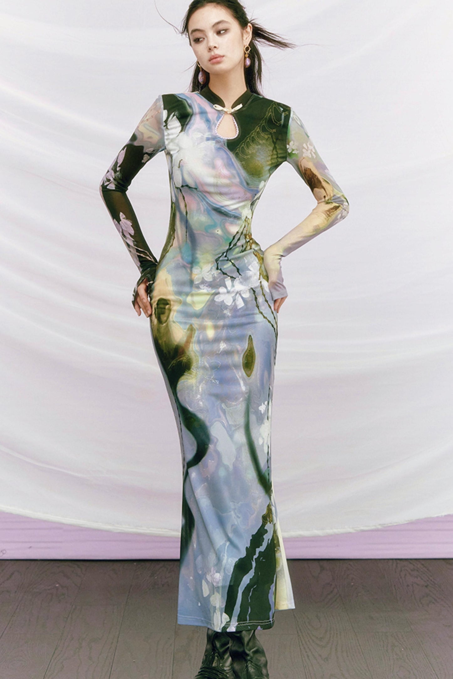 Golden Pearl Impressionist Cheongsam Dress