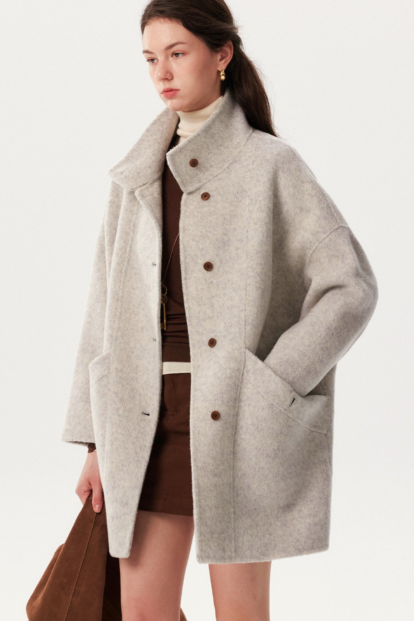 French Woolen Stand-Up Collar Coat