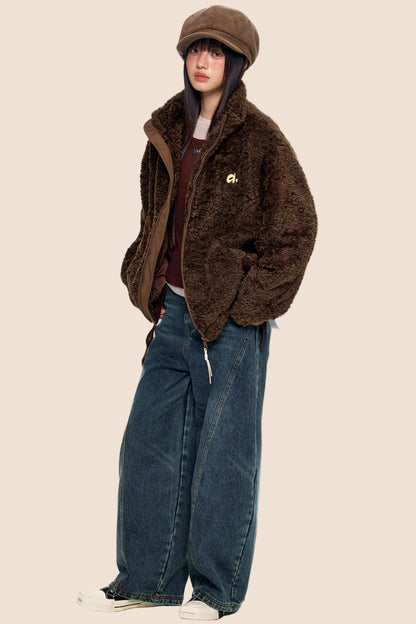 Embroidered Fleece Stand Collar Jacket