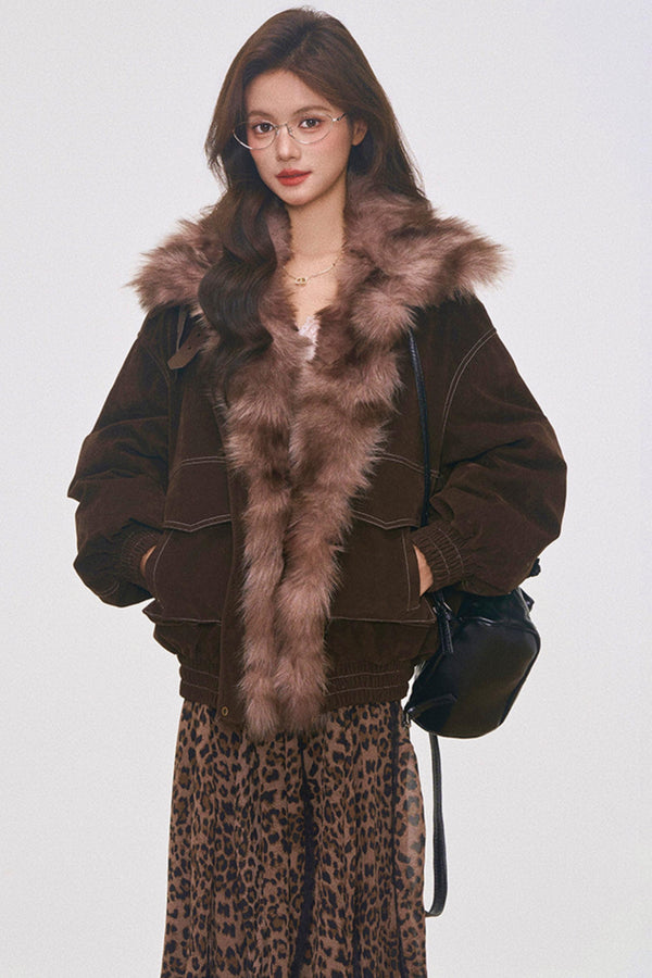 Brown Suede Fur Jacket and Leopard Skirt Set-Up