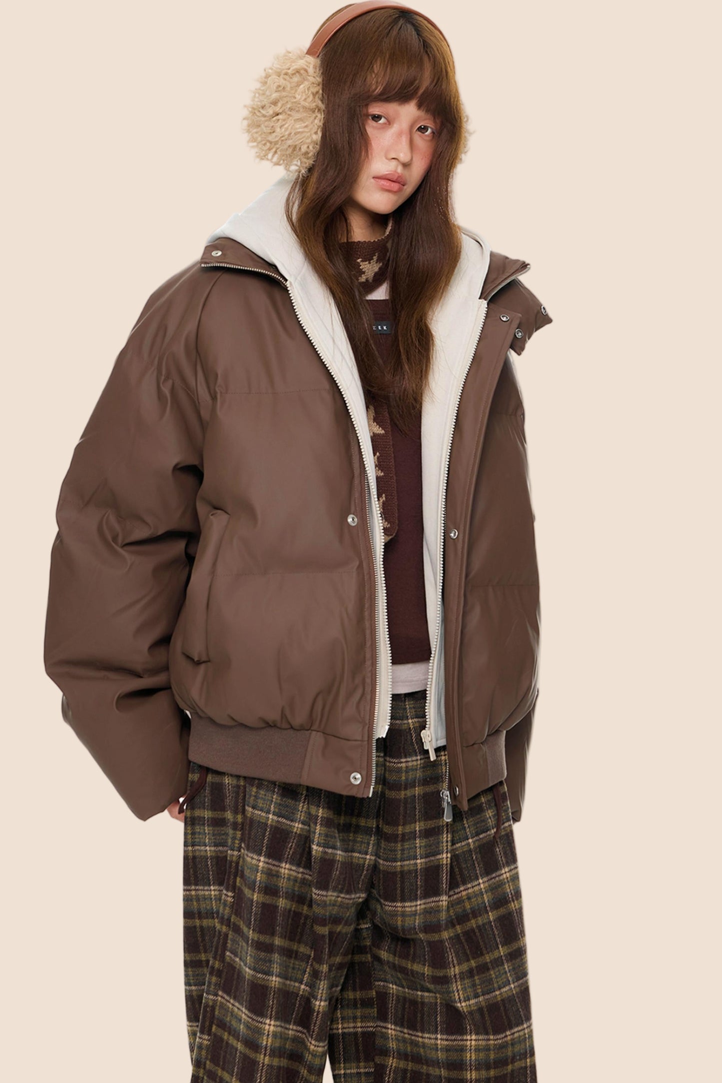 Color-Blocked Leather Hooded Jacket